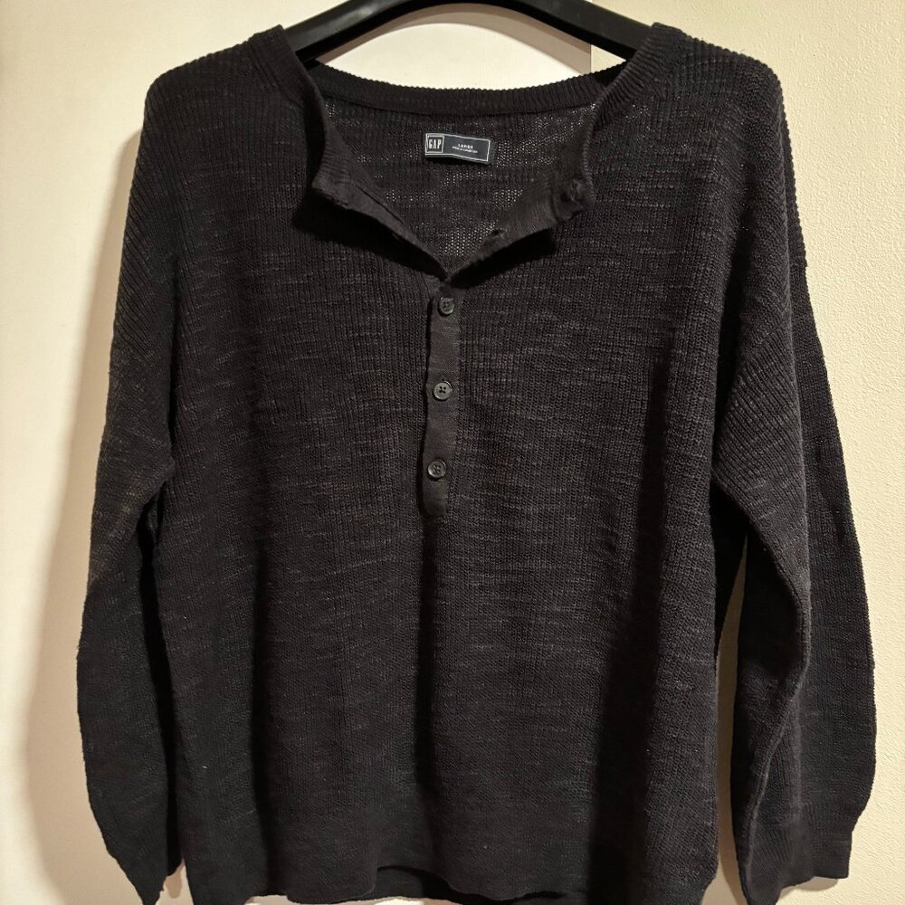 Gap Dark Grey Women waffle knit henley long sleeve sweater SZ: Large